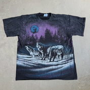 J- Vintage Wolves In Forest All Over Print Hanes Tag Tee - L