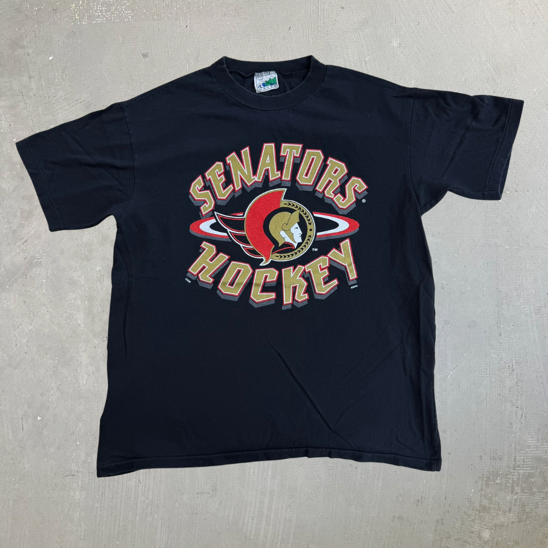 J- Vintage Ottawa Senators NHL Logo & Text Graphic Tee - Youth L (fits Adult S)