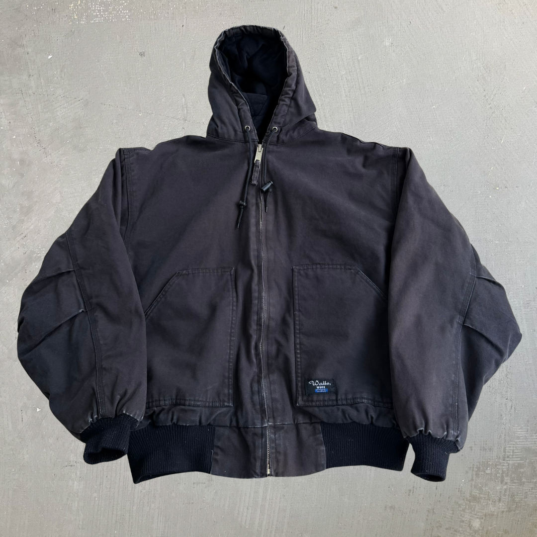 J- Vintage Walls Workwear Faded Black Canvas Hooded Work Jacket - XL