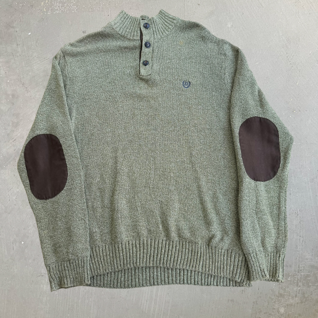 J- Vintage Chaps RL Embroidered Logo Olive Green Henley Knit Sweater - L