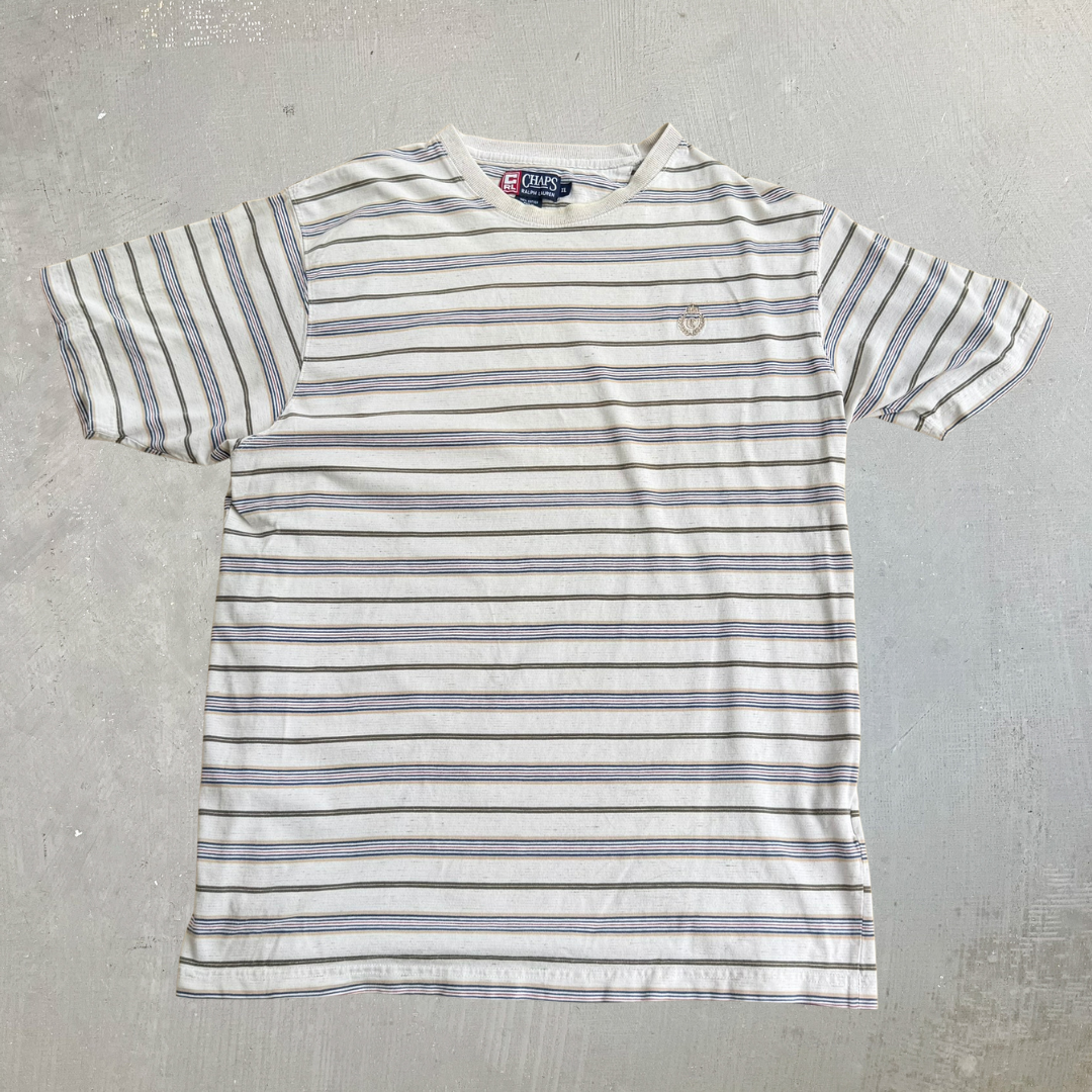 J- Vintage Ralph Lauren Chaps Embroidered Logo Striped Tee - XL