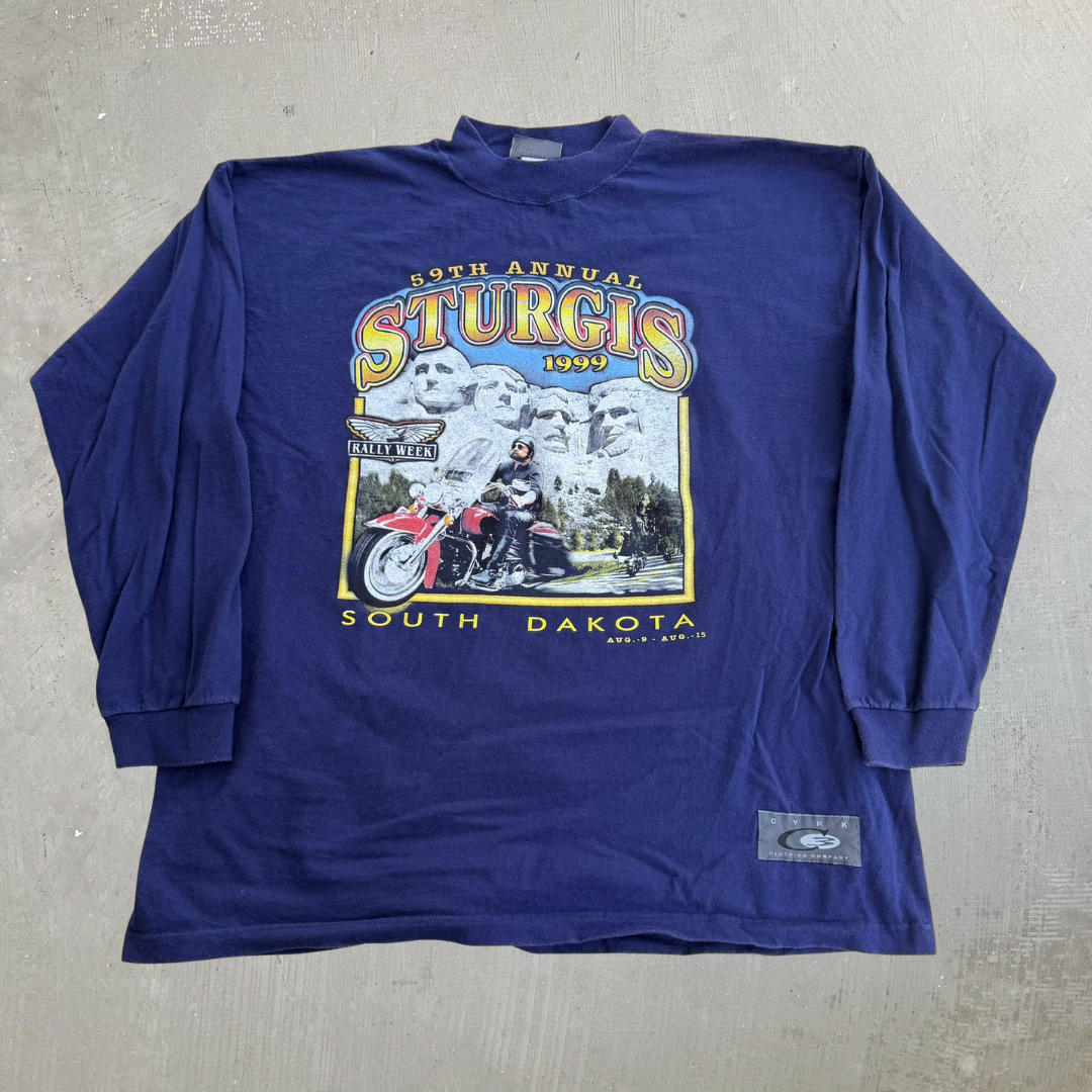 J- Vintage '99 59th Annual Sturgis Black Hills Motorcycle Rally Picture Graphic Long Sleeve Tee - XL