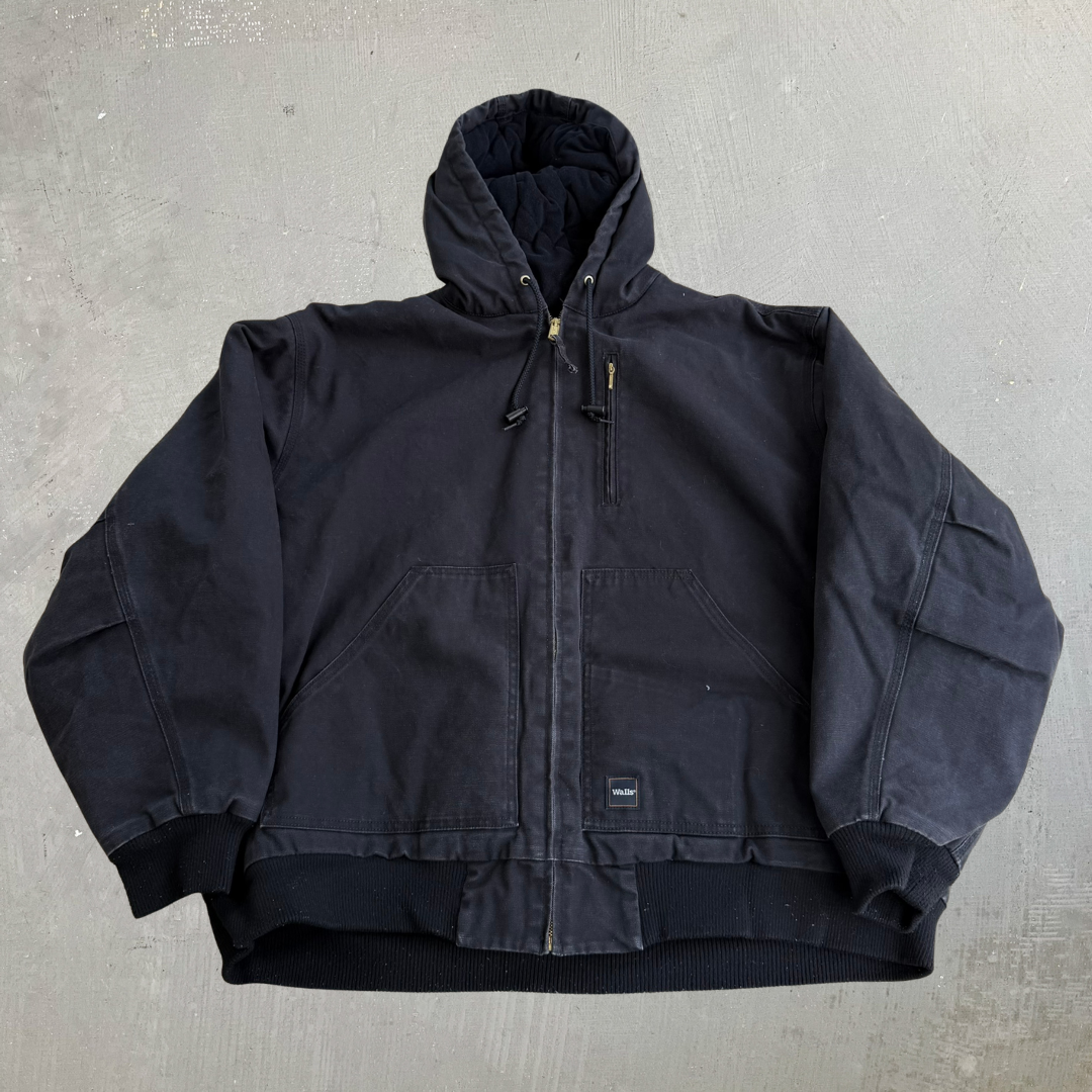 J- Vintage Walls Quilt Blanket Lined Black Canvas Hooded Work Jacket - XL