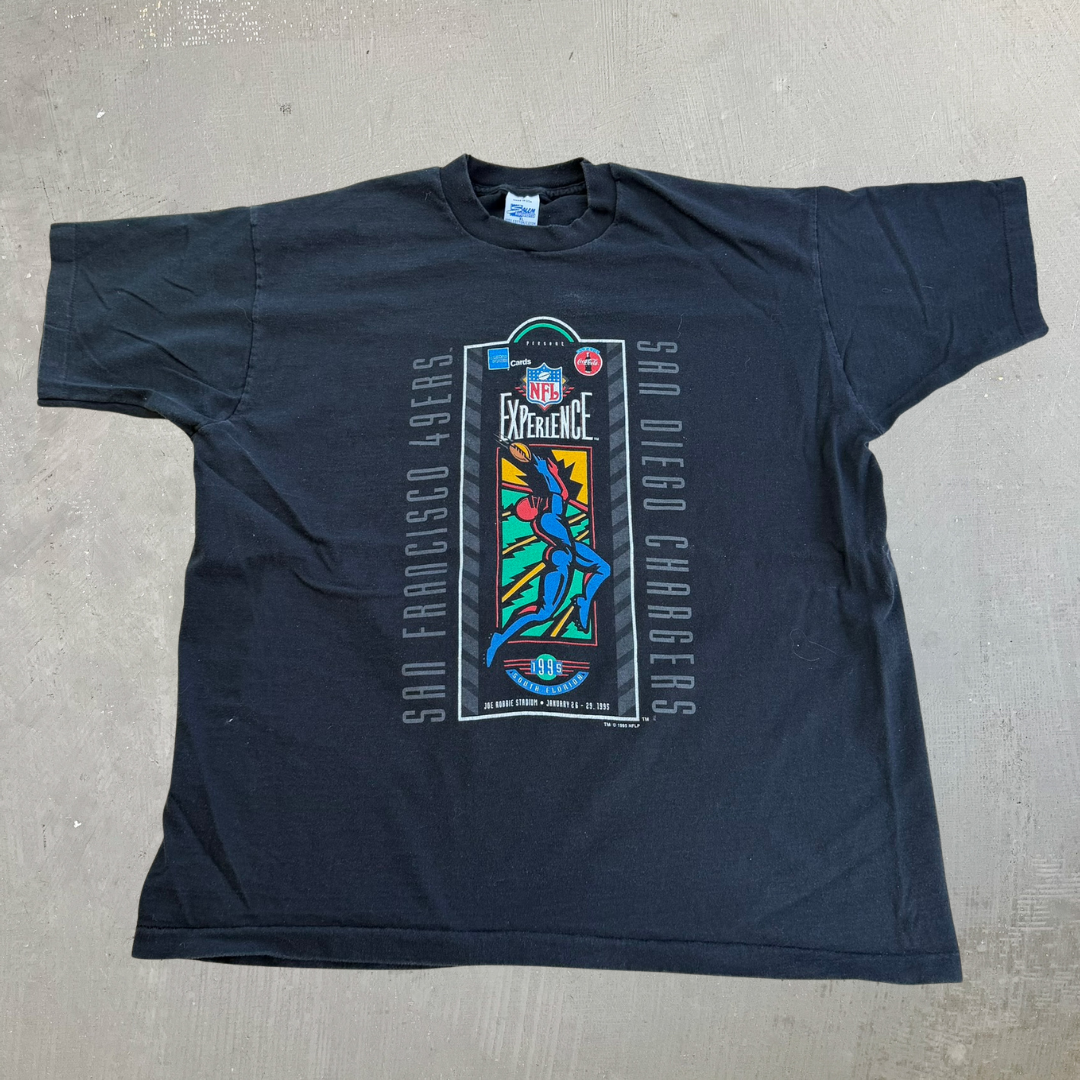 J- Vintage '95 NFL Experience Super Bowl 29 Chargers Vs 49ers Made In USA Single Stitch Tee - XL