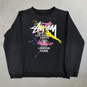J- Stussy City Text & Paint Splatter Graphic Crewneck - M