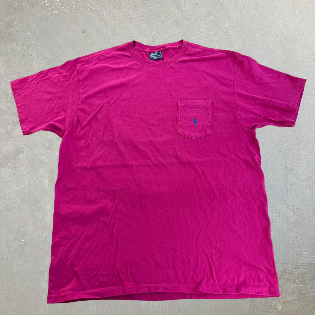 J- Vintage Polo Ralph Lauren Embroidered Logo Made In USA Single Stitch Pocket Pink Tee - L