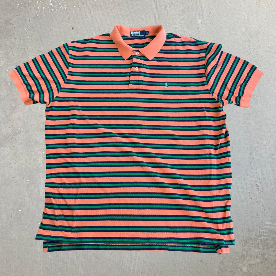 J- Vintage Polo RL Embroidered Logo Striped Orange/Green Polo Shirt - 2XL