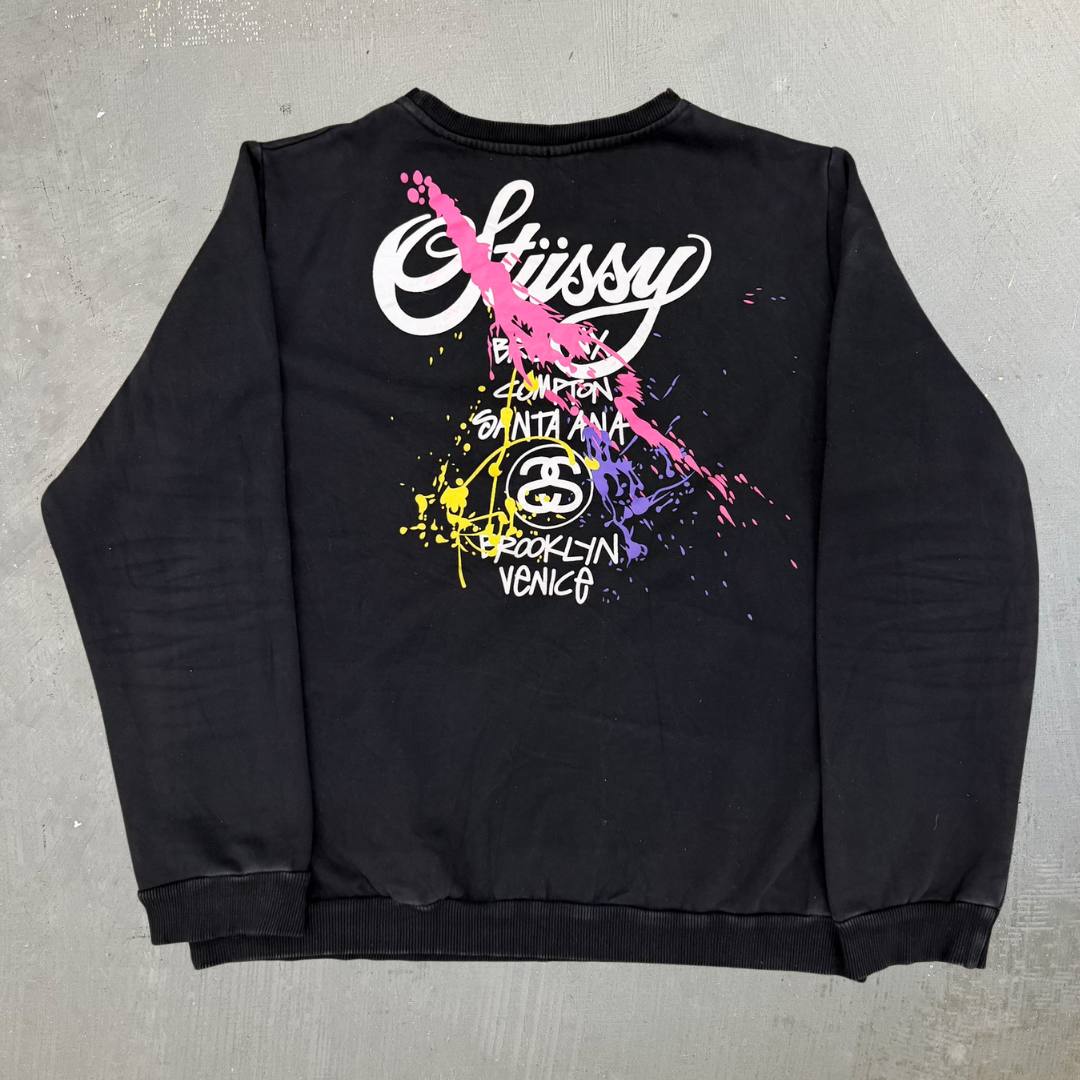 J- Stussy City Text & Paint Splatter Graphic Crewneck - M