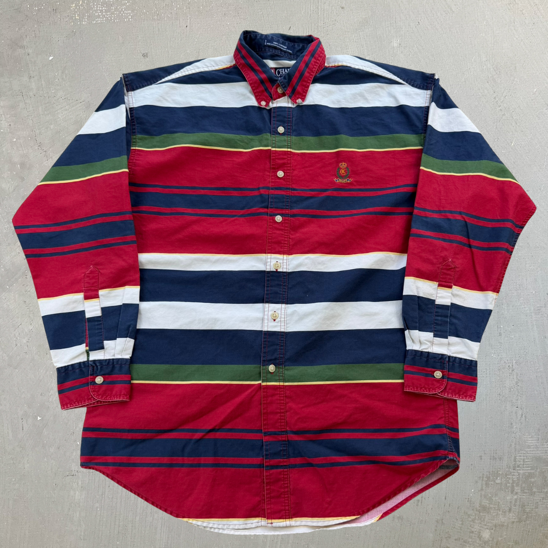 J- Vintage 90s Ralph Lauren Chaps Embroidered Crest Striped Button Down Shirt - L