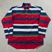 J- Vintage 90s Ralph Lauren Chaps Embroidered Crest Striped Button Down Shirt - L