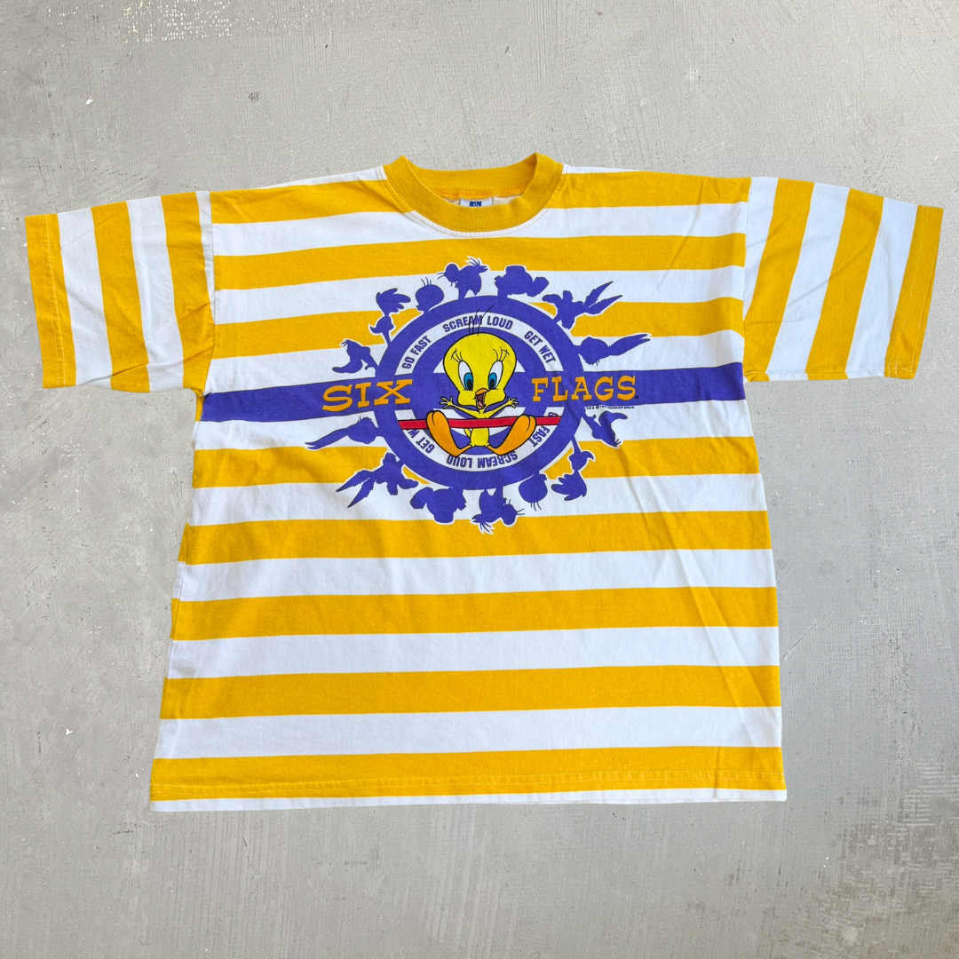 J- Vintage '95 Looney Tunes Six Flags Tweety Bird Graphic Made In USA Striped Tee - S/M