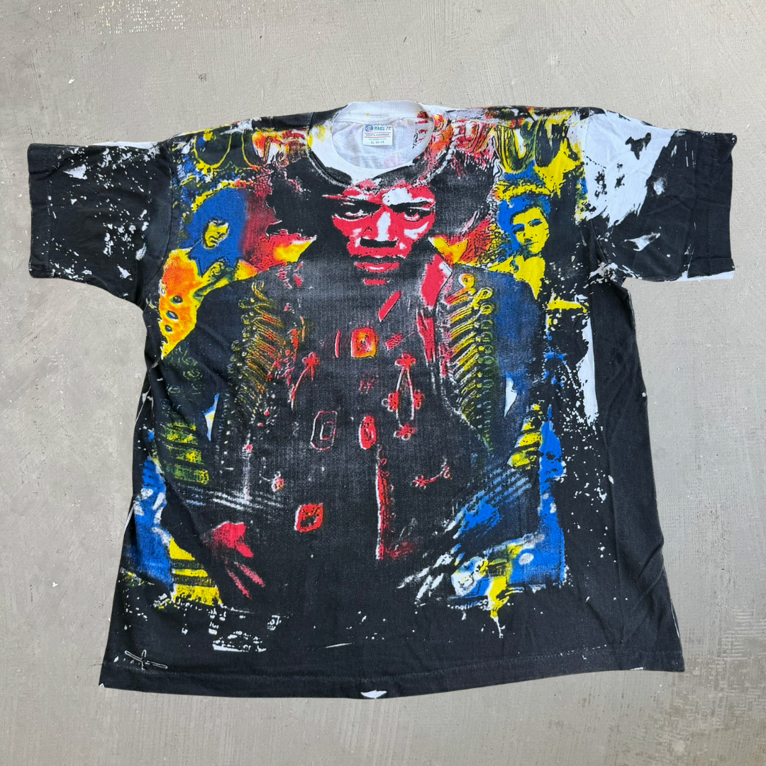 J- Vintage Jimi Hendrix All Over Print Graphic Single Stitch Tee - XL