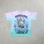 F- Vintage '01 The Grateful Dead Ship Of Fools Liquid Blue All Over Print Tie Dye Tee