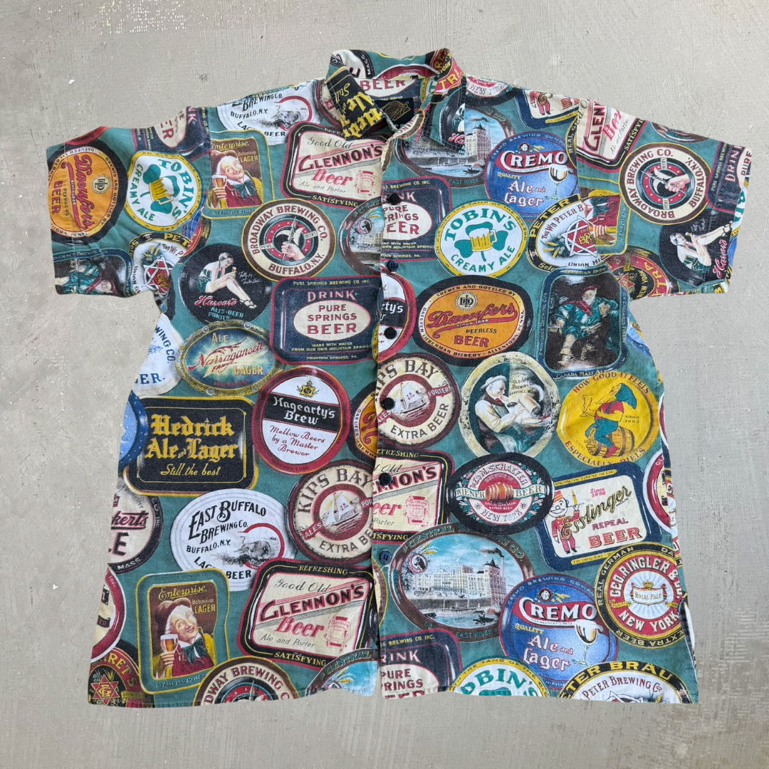 J- Vintage Brewers & Beers Logo All Over Print Button Down Shirt - 2XL