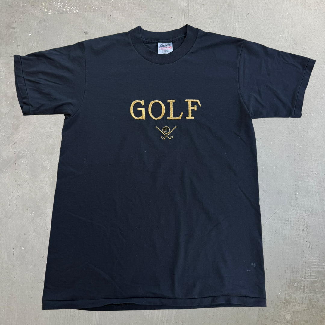 J- Vintage Golf Embroidered Text & Graphic Made In USA Single Stitch Tee - L