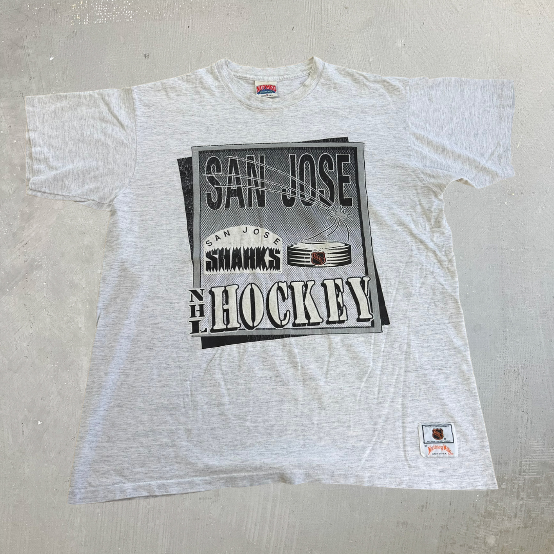 J- Vintage 90s San Jose Shark NHL Nutmeg Graphic Made In USA Single Stitch Tee - XL
