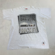 J- Vintage 90s San Jose Shark NHL Nutmeg Graphic Made In USA Single Stitch Tee - XL