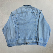 Vintage 90s Lee Dungarees Cant Bust Em Made In USA Trucker Denim Jacket - 2XL