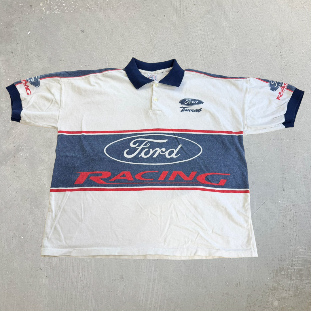 J- Vintage 90s Ford Taurus Racing Graphic & Text Made In USA Polo Shirt - XL