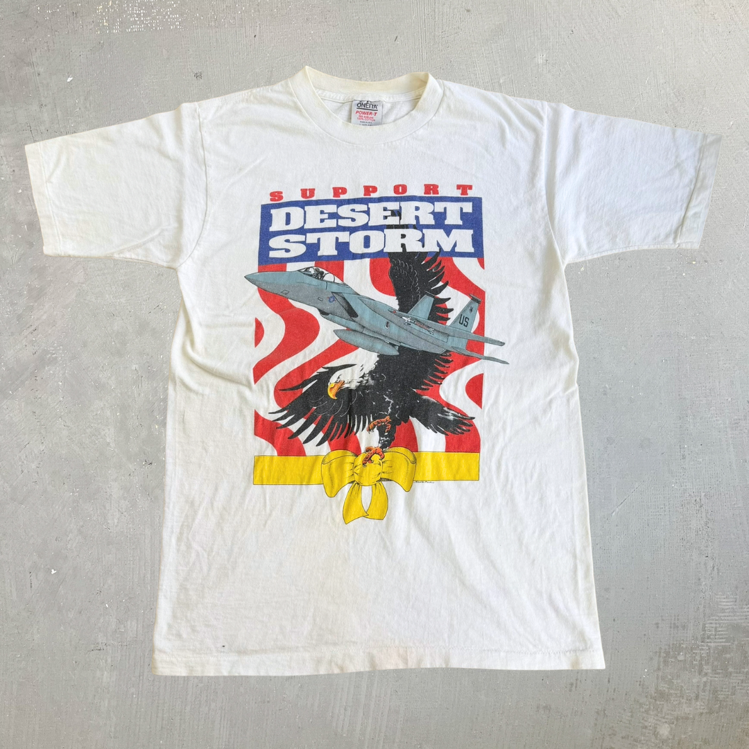 Vintage 90s Support Operation Desert Storm F-15 Eagle Fight Jet Made In USA Single Stitch Tee - L