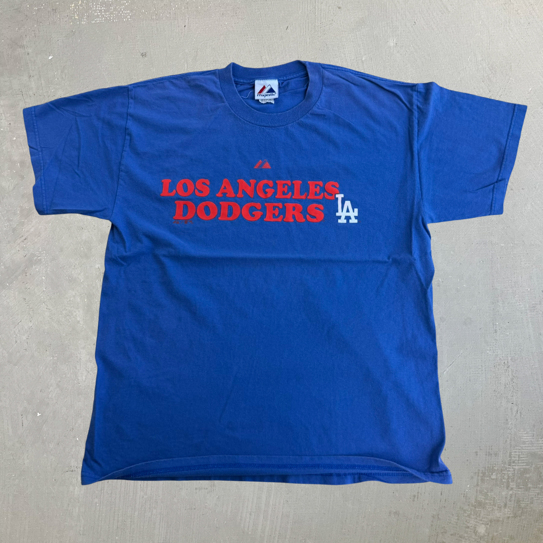 J- Vintage Los Angeles Dodgers MLB Puff Print Text & Logo Tee - L