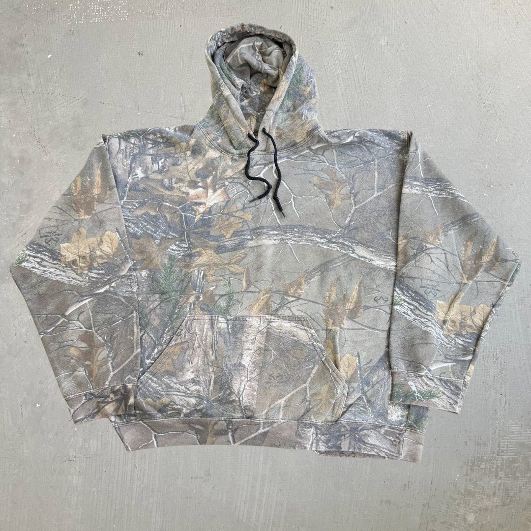 J- Vintage Real Tree Camo Xtra Print Black Drawstrings Hoodie - L