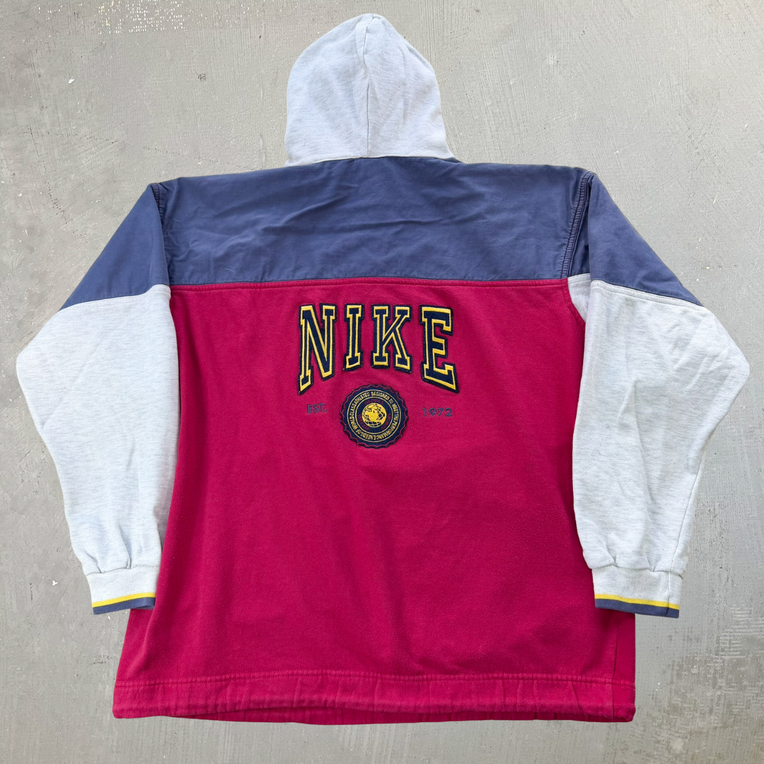 J- Vintage Nike Embroidered Text & Swoosh Henley Hoodie - M
