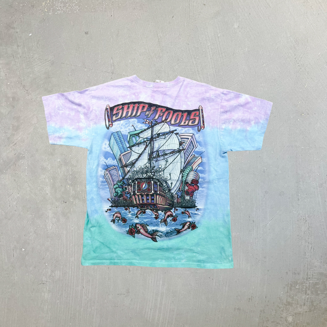 F- Vintage '01 The Grateful Dead Ship Of Fools Liquid Blue All Over Print Tie Dye Tee