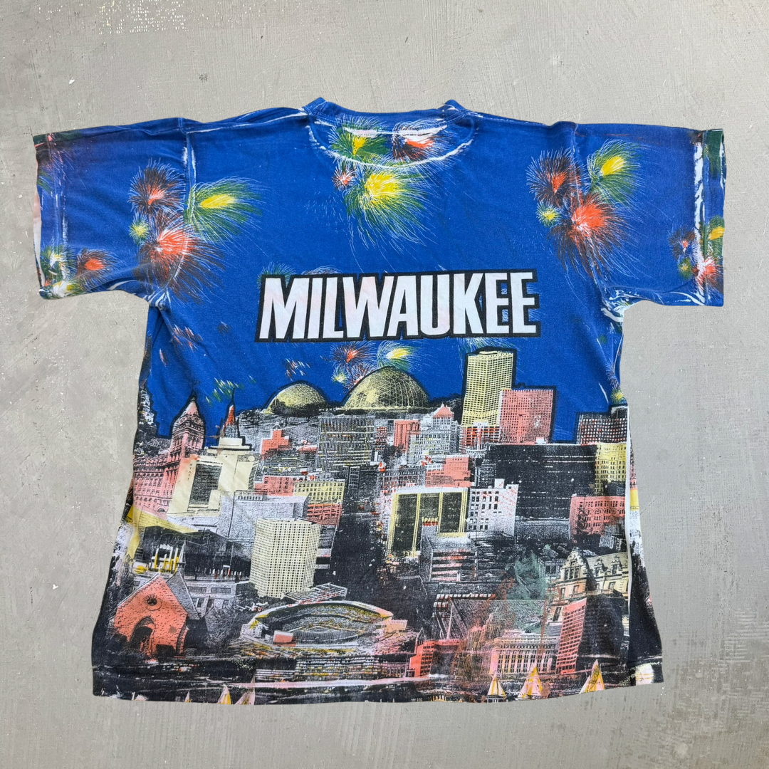 J- Vintage Milwaukee Cityscape All Over Print Single Stitch Tee - XL
