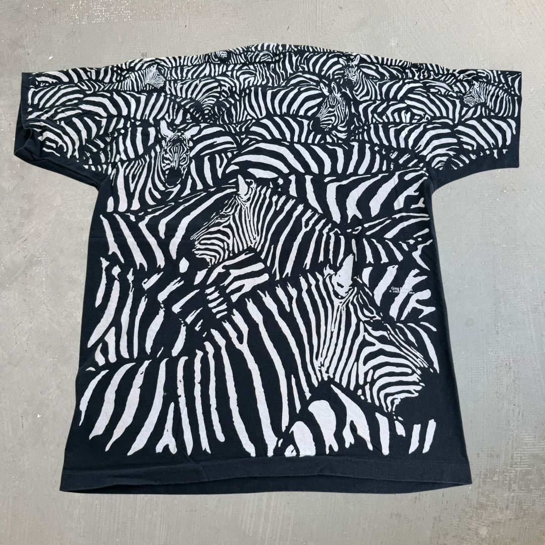 J- Vintage '93 Liquid Blue Zebras All Over Print Graphic Made In USA Single Stitch Tee - XL