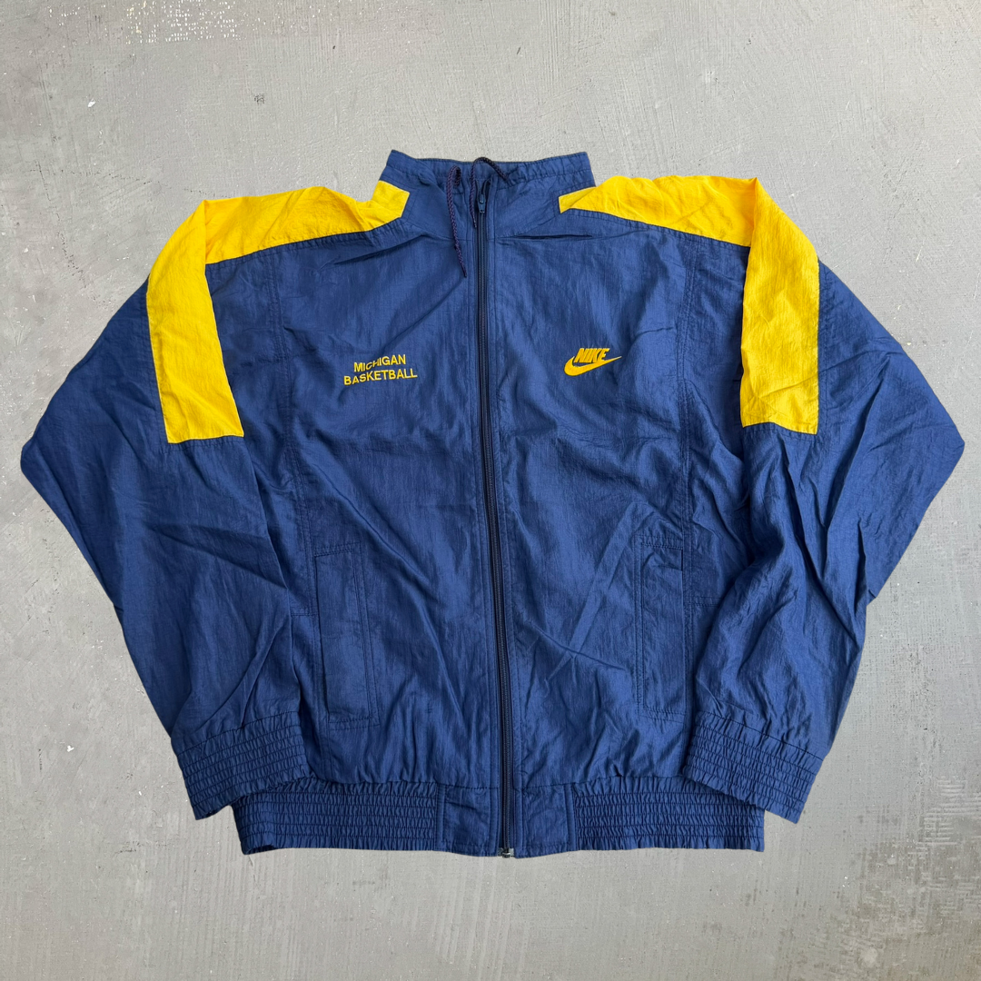 J- Vintage 90s Nike Michigan Basketball Embroidered Swoosh & Text Made In USA Zip Up Lightweight Jacket - M