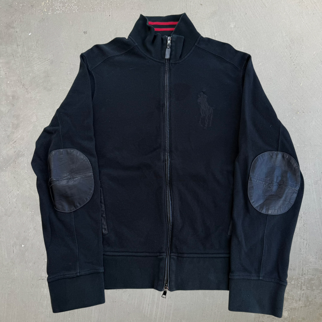 J- Vintage Polo Ralph Lauren Embroidered Logo Zip Up Black Track Jacket - XL