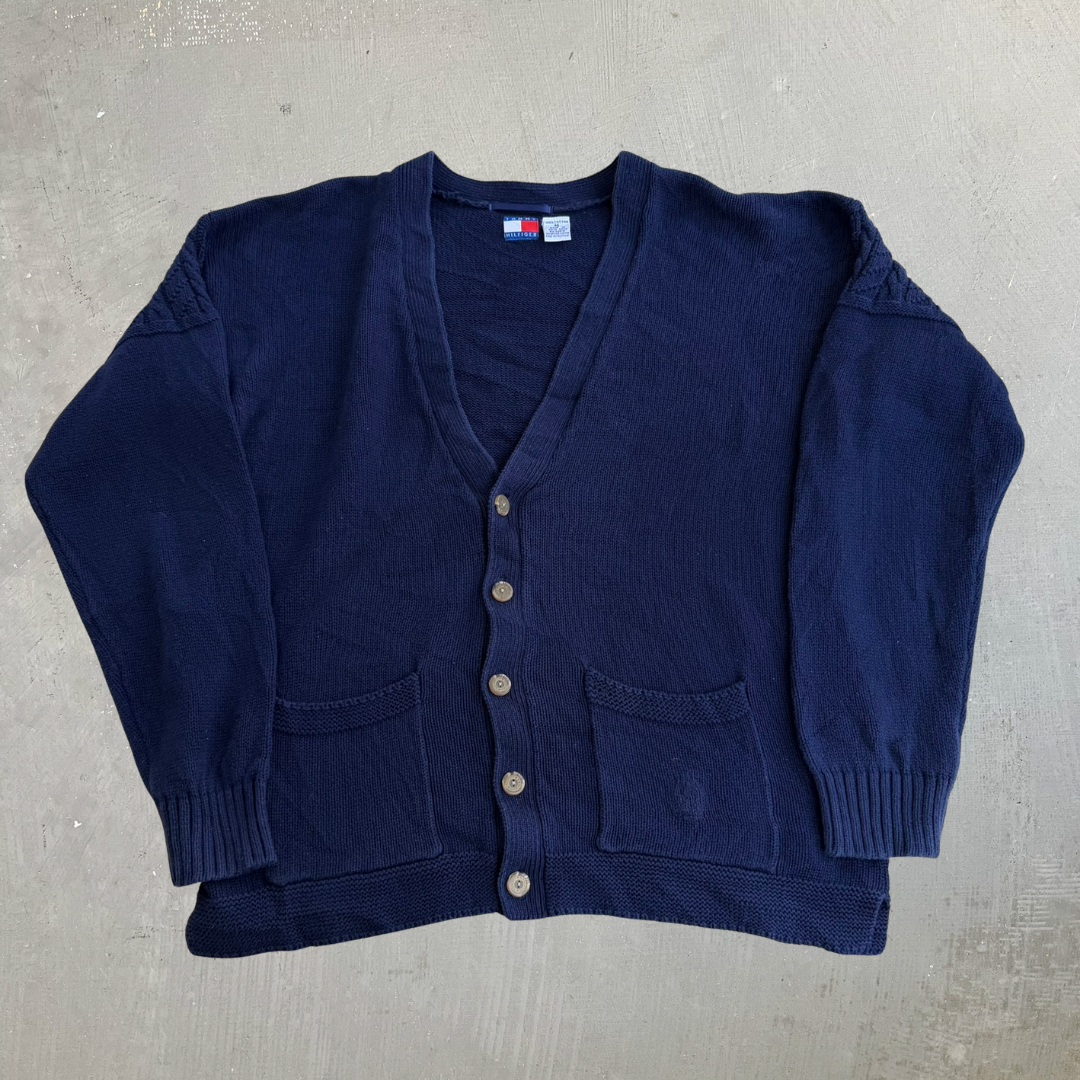 J- Vintage Tommy Hilfiger Embroidered Crest Navy Cardigan Knit Sweater - M