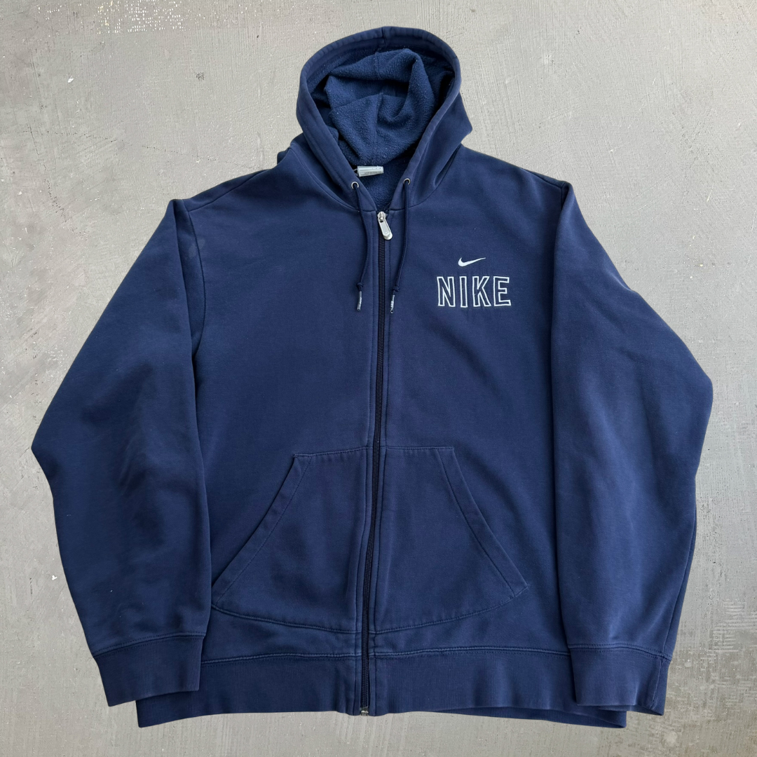 J- Vintage Nike Embroidered Text & Swoosh Navy Zip Up Hoodie - L