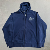 J- Vintage Nike Embroidered Text & Swoosh Navy Zip Up Hoodie - L