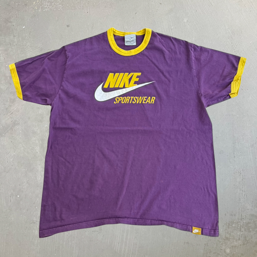 J- Vintage Nike Sportswear Swoosh & Text Graphic Purple/Yellow Ringer Tee - XL