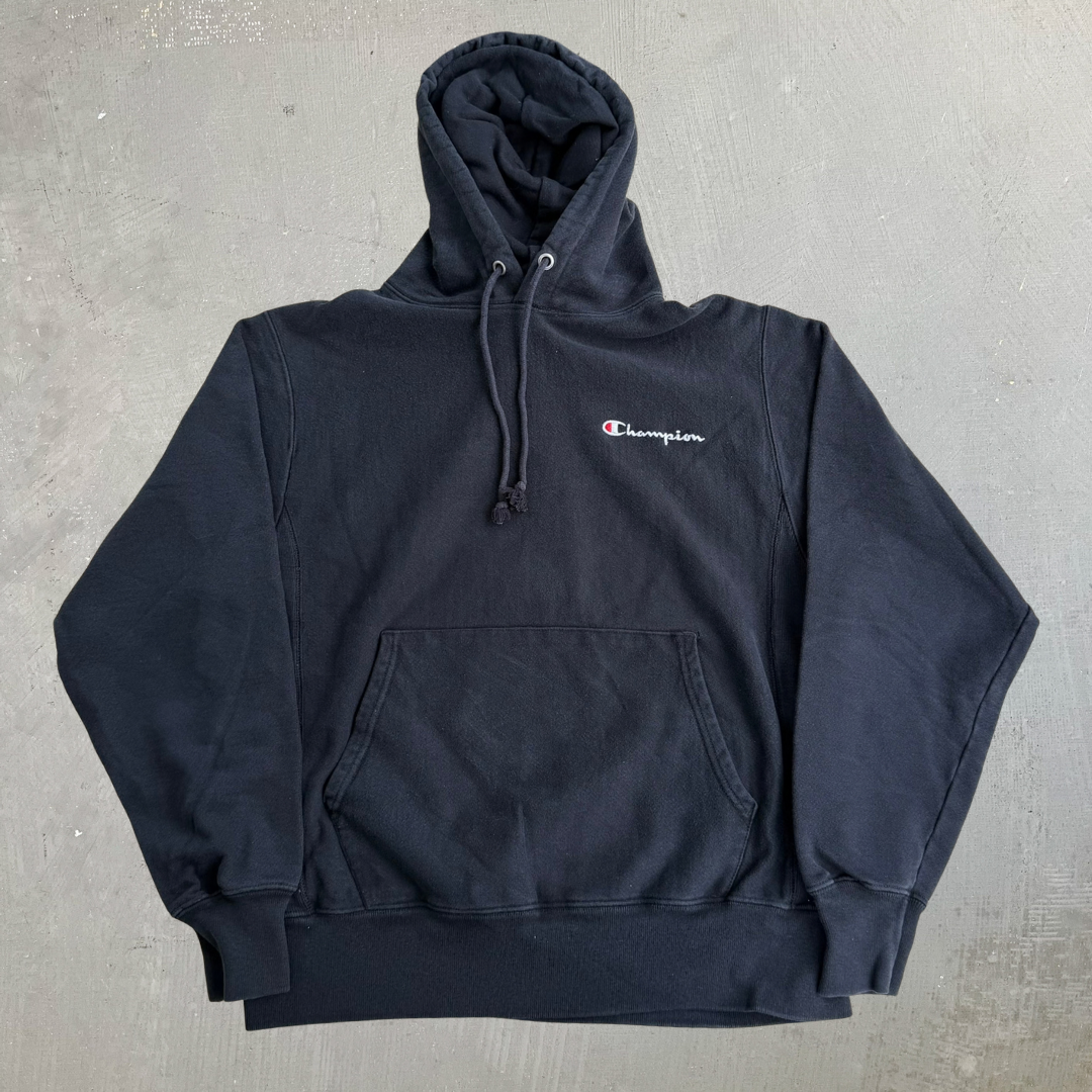 Vintage Champion Reverse Weave Embroidered Text Black Hoodie - M
