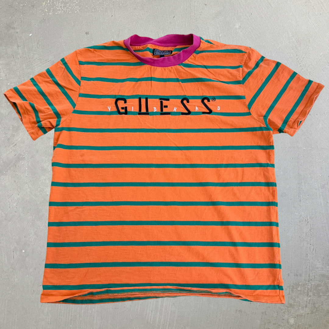 J- Guess x J Balvin Embroidered Text Striped Tee - L