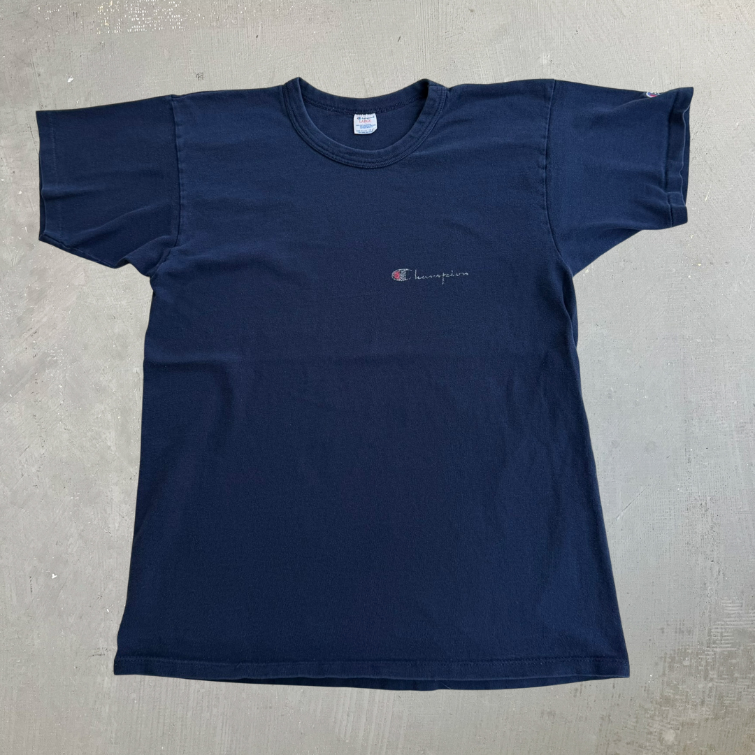 J- Vintage 80s Champion Text & Logo Graphic Made In USA Single Stitch Tee - L