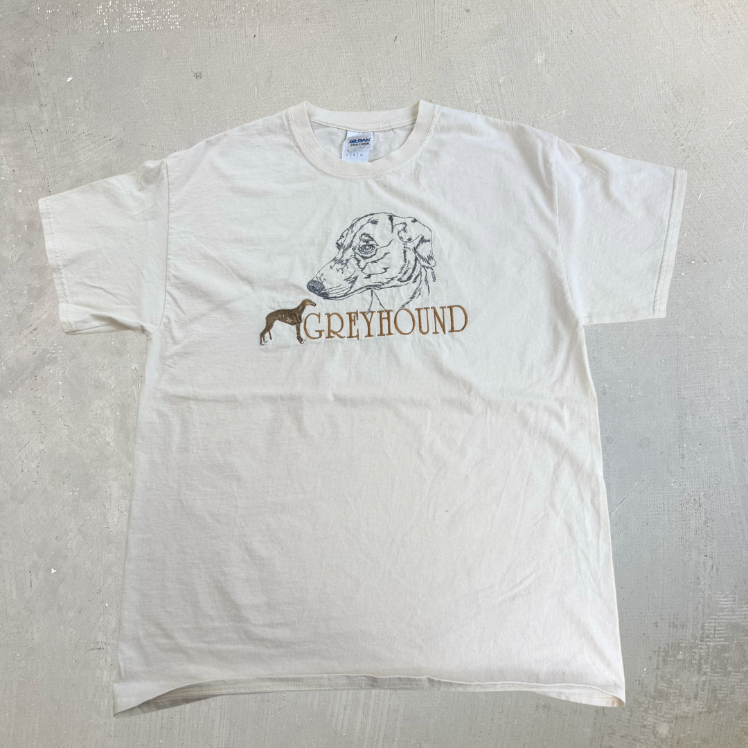 J- Vintage Greyhound Dog Embroidered Text & Graphic Gildan Tee - L