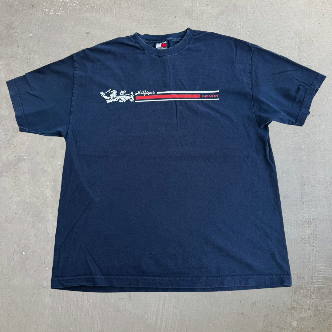 J- Vintage 90s Tommy Hilfiger Denim Graphic & Logo Navy Tee - XL