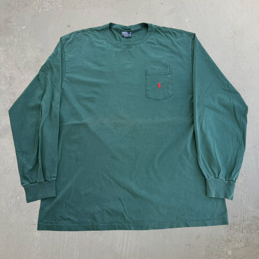 J- Vintage Polo RL Embroidered Logo Made In USA Single Stitch Pocket Long Sleeve Tee - L