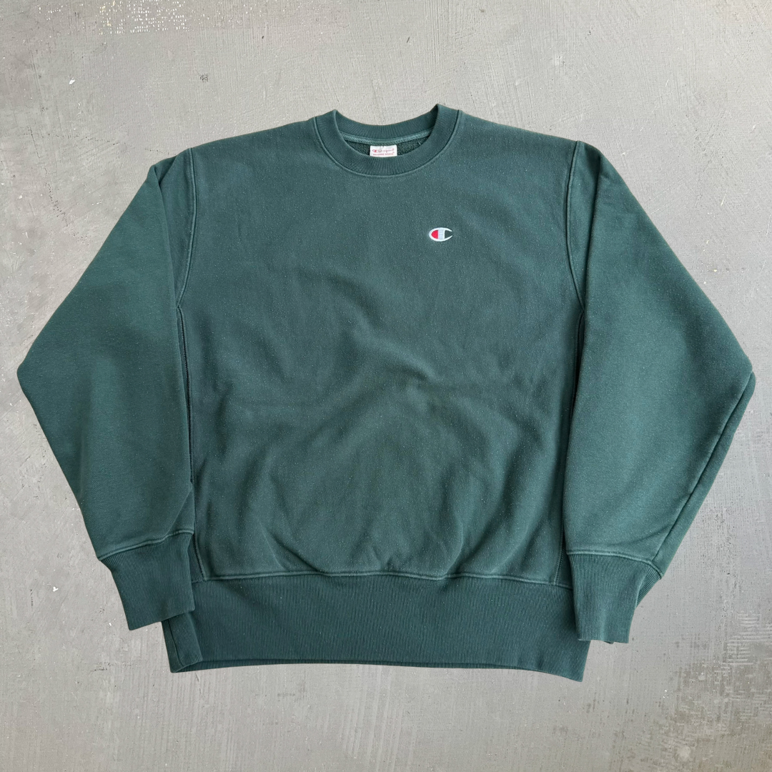Vintage Champion Reverse Weave Embroidered Logo Forest Green Crewneck - L