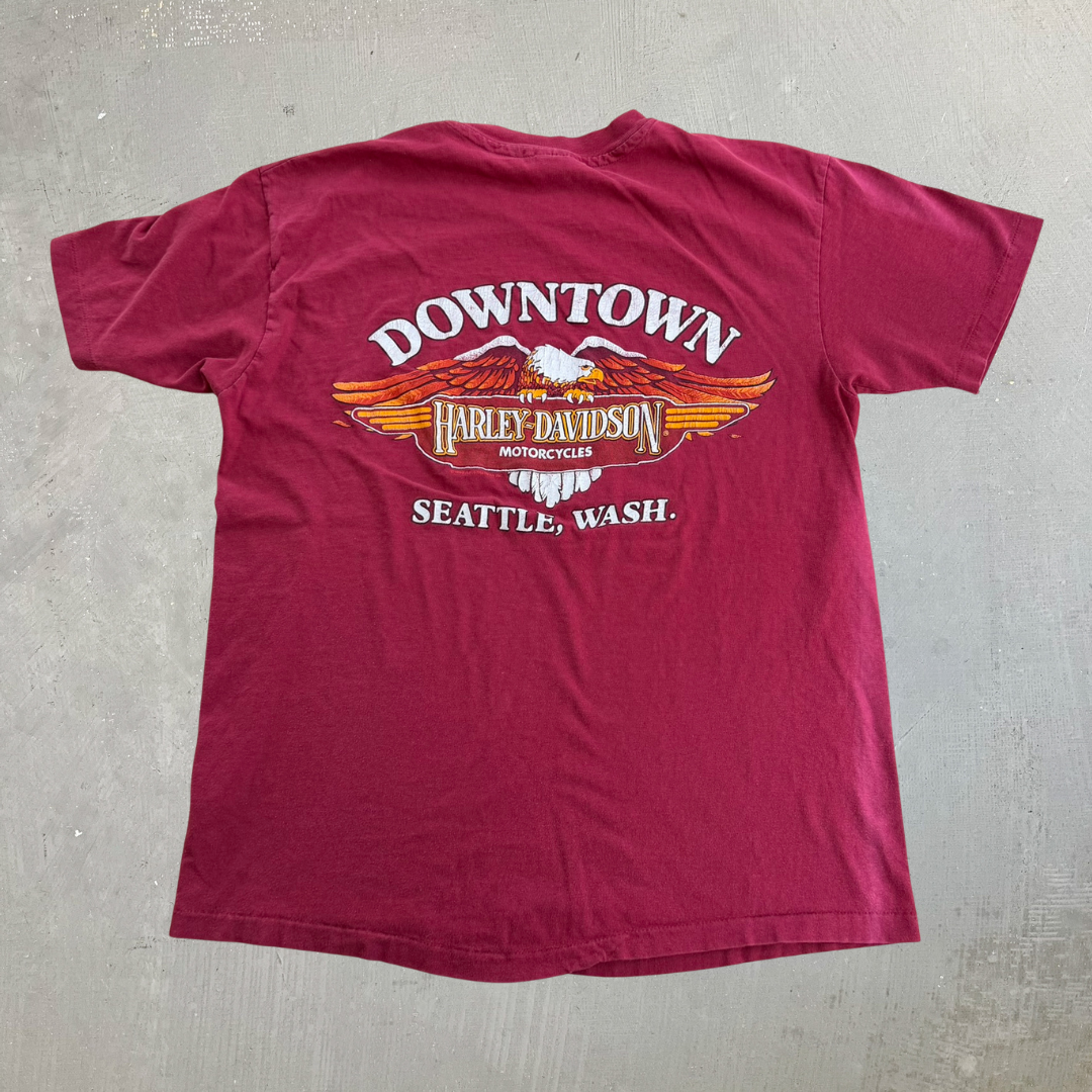 J- Vintage '87 Harley Davidson Seattle Wash. Downtown Graphic Made In USA Single Stitch Tee - L