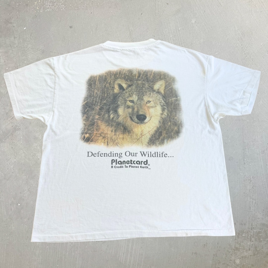J- Vintage Planet Card Defending Our Wildlife Back Graphic Single Stitch Tee - L