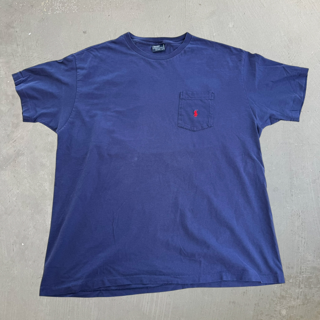 J- Vintage Polo RL Embroidered Logo Made In USA Single Stitch Pocket Navy Tee - L