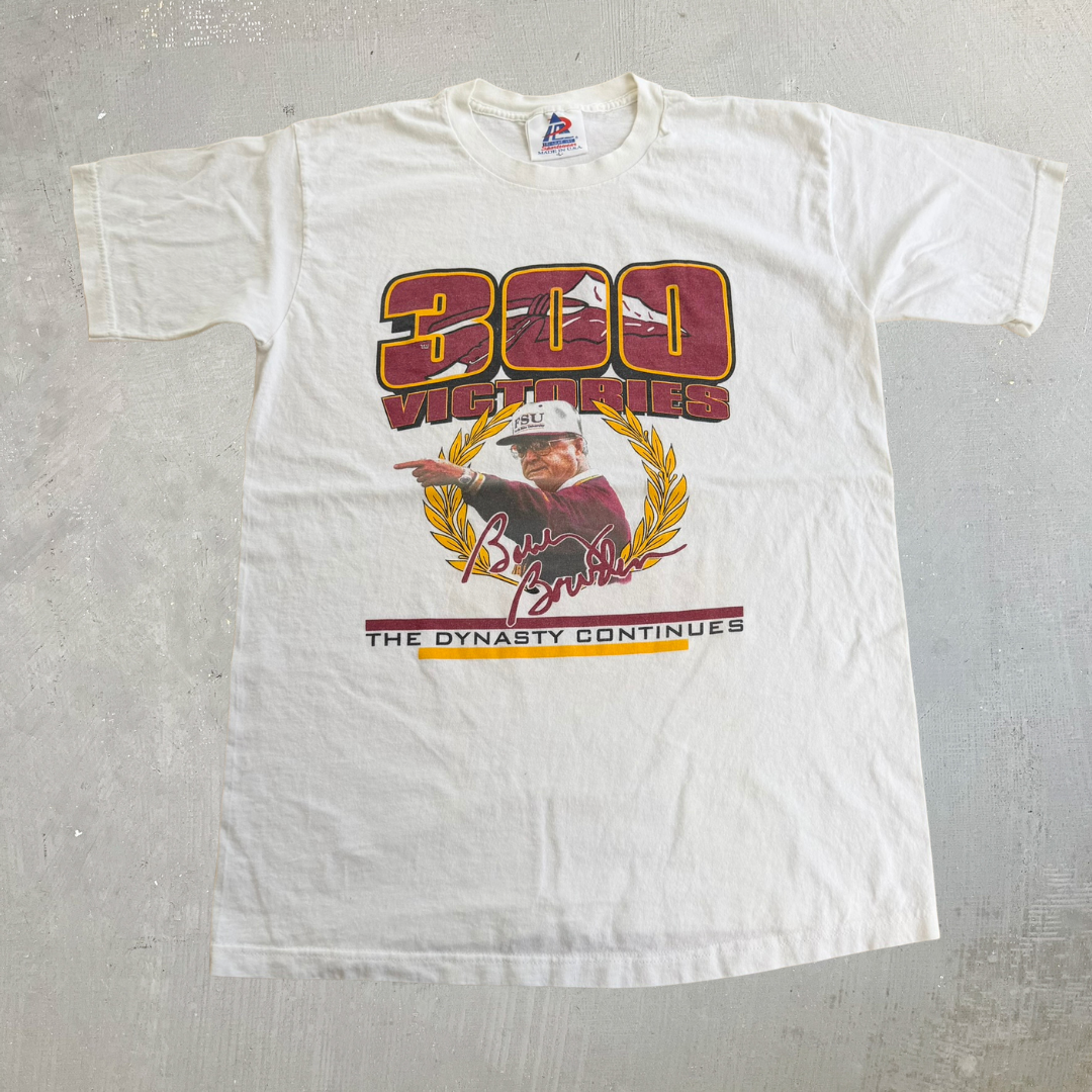 J- Vintage '99 Florida State University Bobby Bowden 300 Victories Graphic Made In USA Single Stitch Tee - L