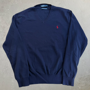 J- Vintage Polo Ralph Lauren Embroidered Logo V-Neck Knit Sweater - L