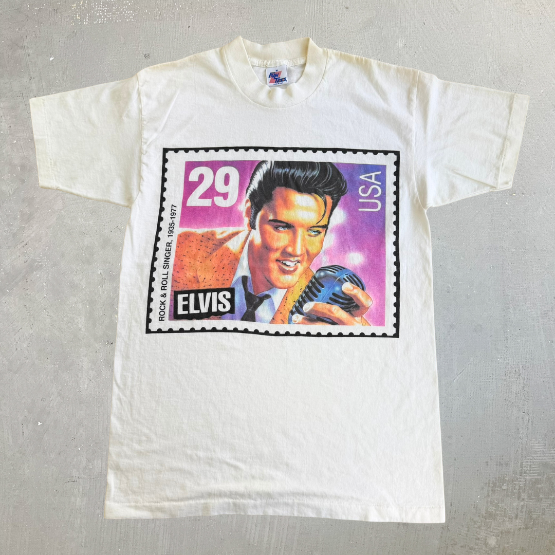 J- Vintage 90s Elvis Presley Rock & Roll Singer Stamp Graphic Made In USA Single Stitch Tee - M