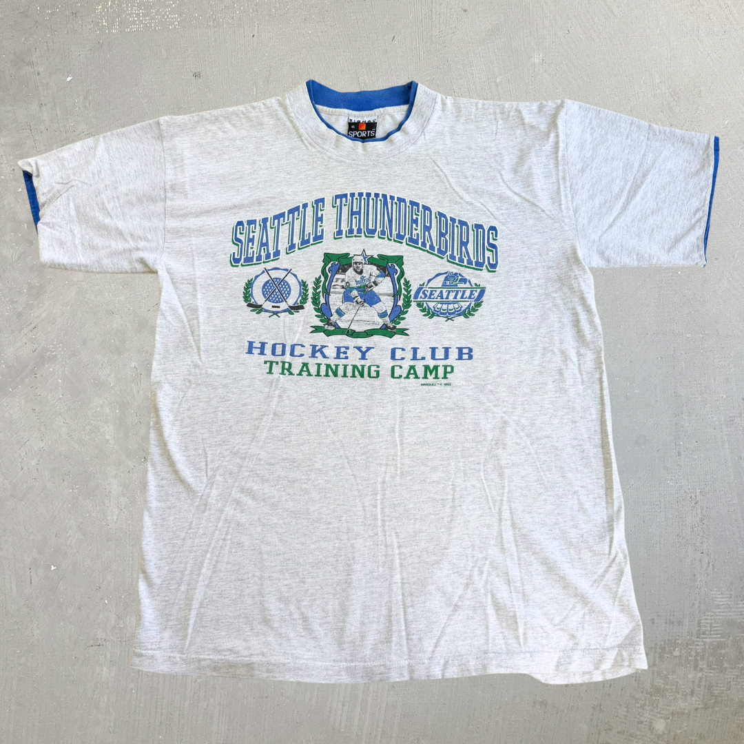 J- Vintage '92 Seattle Thunderbirds Junior Hockey Training Camp Graphic Made In USA Single Stitch Tee - XL